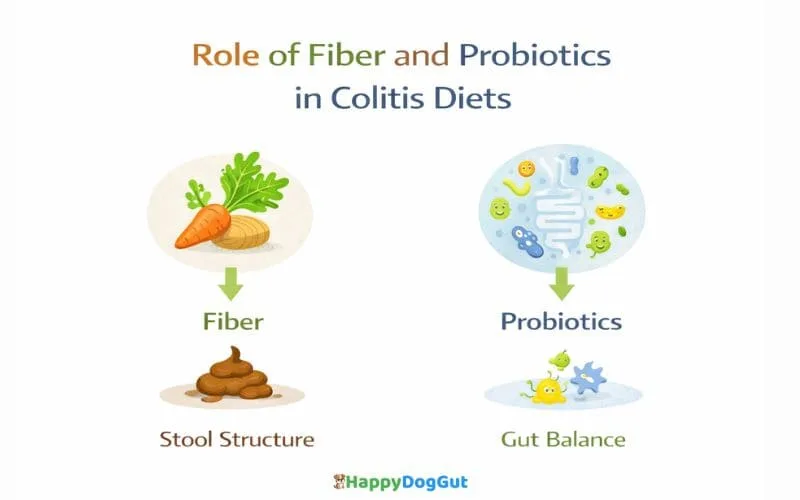 Infographic showing how fiber and probiotics support gut health in dogs with colitis