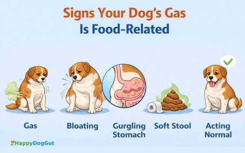 Infographic showing signs that a dog’s gas is caused by diet