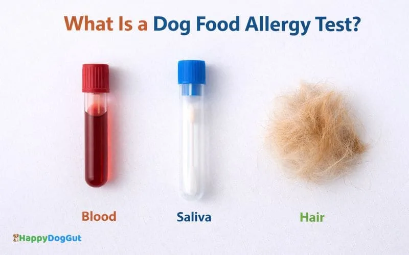 Types of dog food allergy tests including blood, saliva, and hair samples