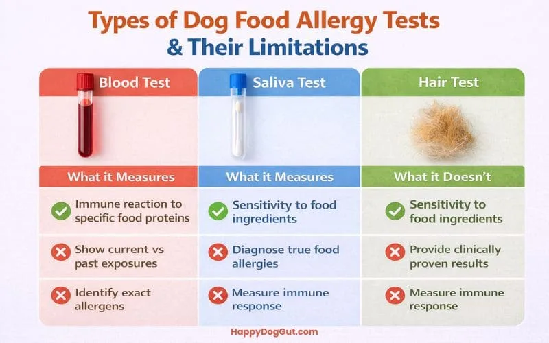 Infographic explaining dog food allergy test types including blood, saliva, and hair tests