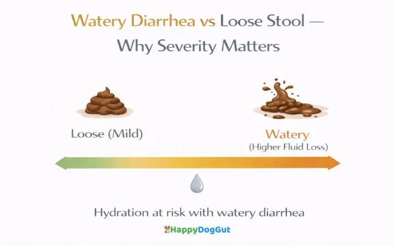 Severity infographic explaining watery diarrhea versus loose stool in dogs
