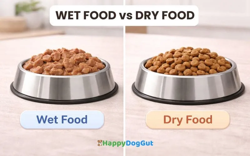 Side-by-side comparison of wet dog food and dry kibble in bowls