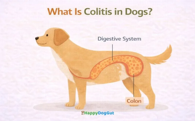 Simple infographic showing a dog digestive system highlighting the colon