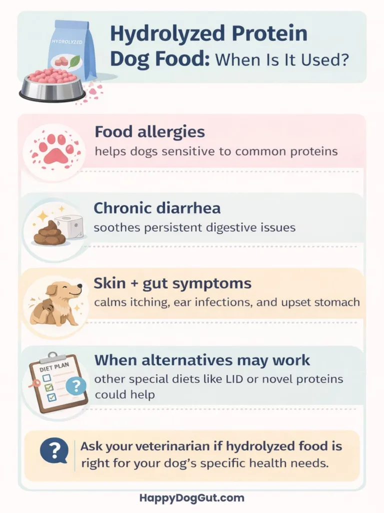 Infographic showing when hydrolyzed protein dog food is used for allergies and digestive issues