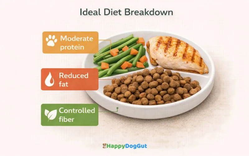 Infographic showing ideal senior dog diet components including moderate protein, reduced fat, and controlled fiber.