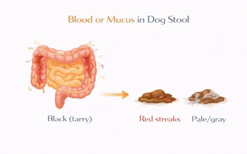 Educational illustration explaining blood or mucus in dog stool from colon irritation