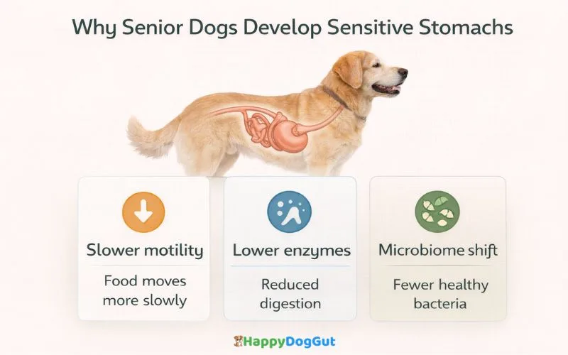 Infographic explaining digestive changes in senior dogs including slower motility, lower enzyme production, and microbiome shift.