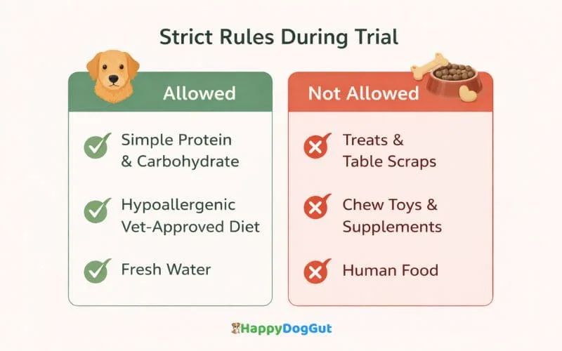 Checklist infographic showing allowed and not allowed foods during an Elimination Diet for Food Allergies in dogs, including simple proteins and avoiding treats.