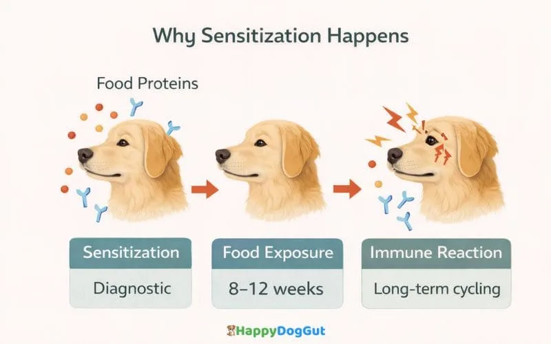 Educational illustration showing how a dog’s immune system reacts to repeated food protein exposure over time.
