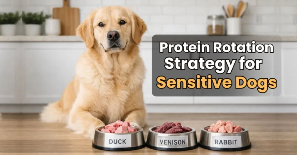 Healthy golden retriever demonstrating a Protein Rotation Strategy for Sensitive Dogs with three bowls labeled duck, venison, and rabbit in a modern kitchen.