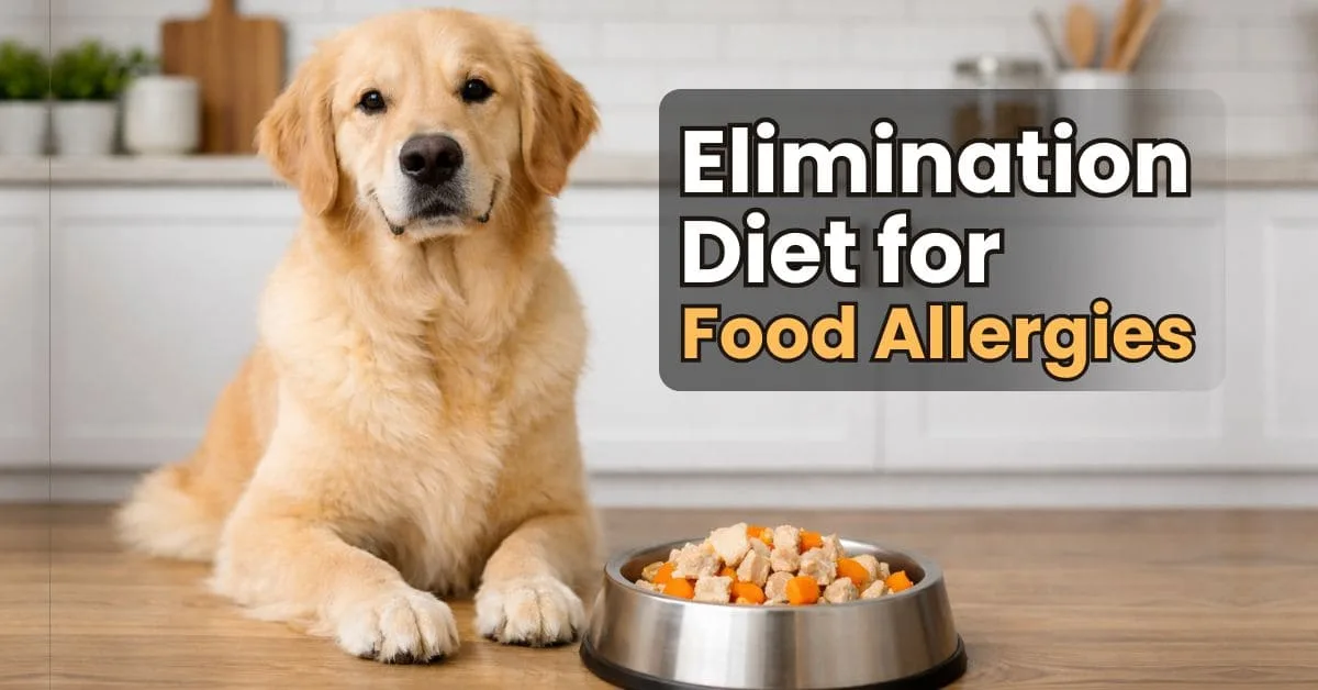 Healthy golden retriever on an Elimination Diet for Food Allergies sitting next to a simple bowl of limited ingredient dog food in a modern kitchen.