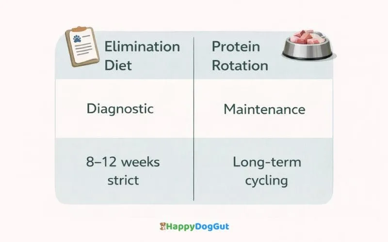Comparison infographic explaining Elimination Diet vs Protein Rotation and how a Protein Rotation Strategy for Sensitive Dogs differs from diagnostic elimination trials.