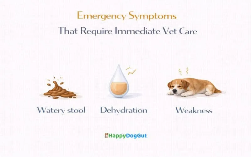 Warning infographic showing watery stool, dehydration, and weakness in dogs