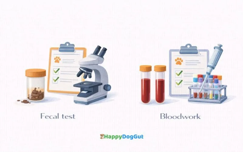 Illustration showing veterinary fecal test and bloodwork analysis for dogs