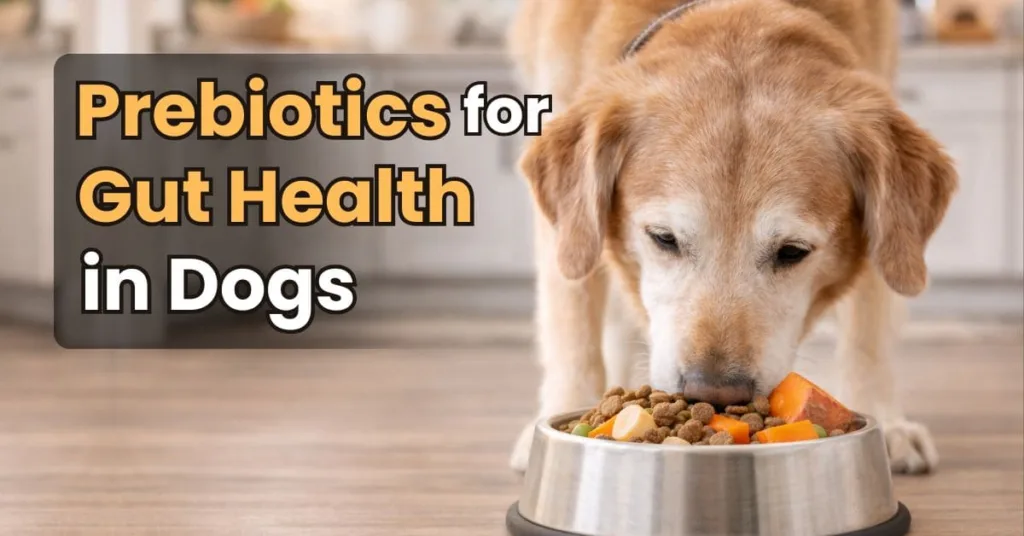 Golden retriever eating balanced dog food with pumpkin and sweet potato for healthy digestion.