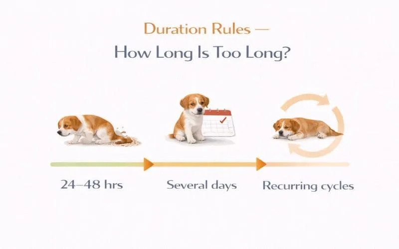 Timeline infographic showing how long dog diarrhea lasts and when it becomes concerning