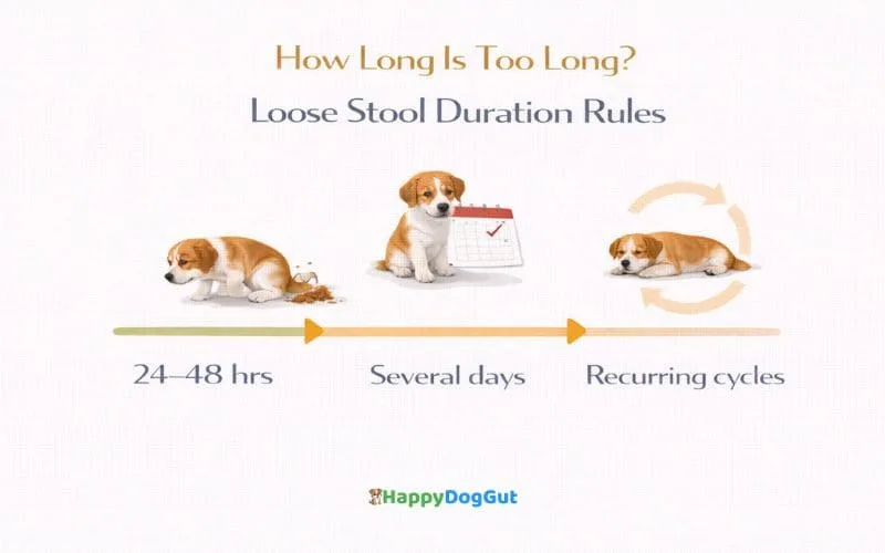 Timeline infographic showing how long loose stool lasts in dogs and when duration becomes concerning