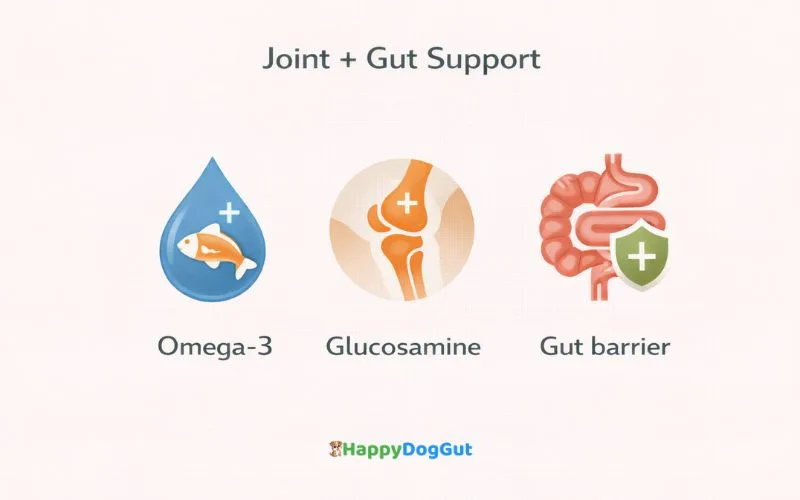 Infographic showing omega-3, glucosamine, and gut barrier support nutrients for senior dogs.
