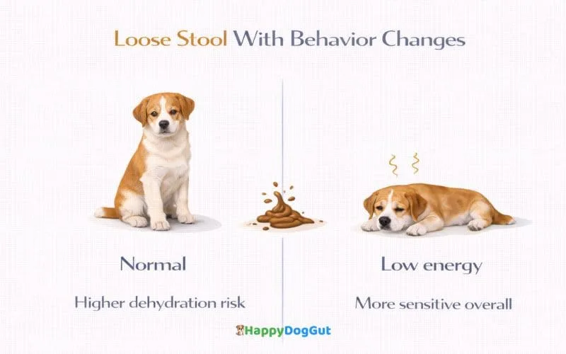 Illustration comparing normal dog behavior and low energy behavior with loose stool
