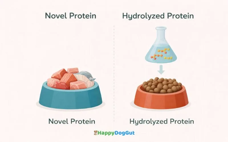 Educational comparison illustration of novel protein versus hydrolyzed protein dog food used in elimination diet trials.