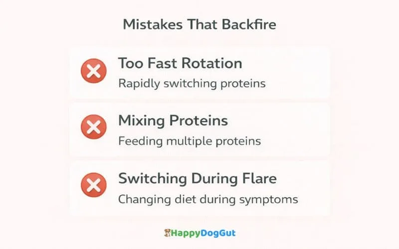 Checklist infographic highlighting common mistakes in dog protein rotation including too fast rotation, mixing proteins, and switching during flare-ups.