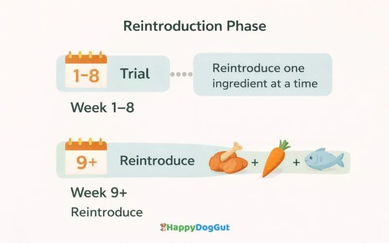 Timeline infographic explaining the reintroduction phase after an 8 week elimination diet trial for dogs.