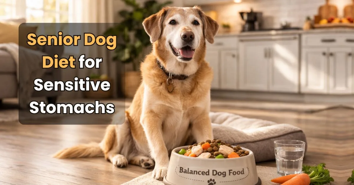 Senior dog eating diet for sensitive stomach in a bright modern American home.