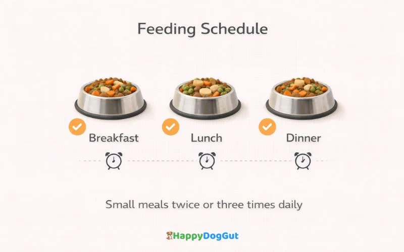 Infographic showing feeding schedule for senior dogs with smaller meals two or three times daily.