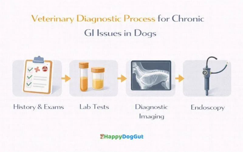 Infographic outlining how vets diagnose chronic GI issues in dogs step by step