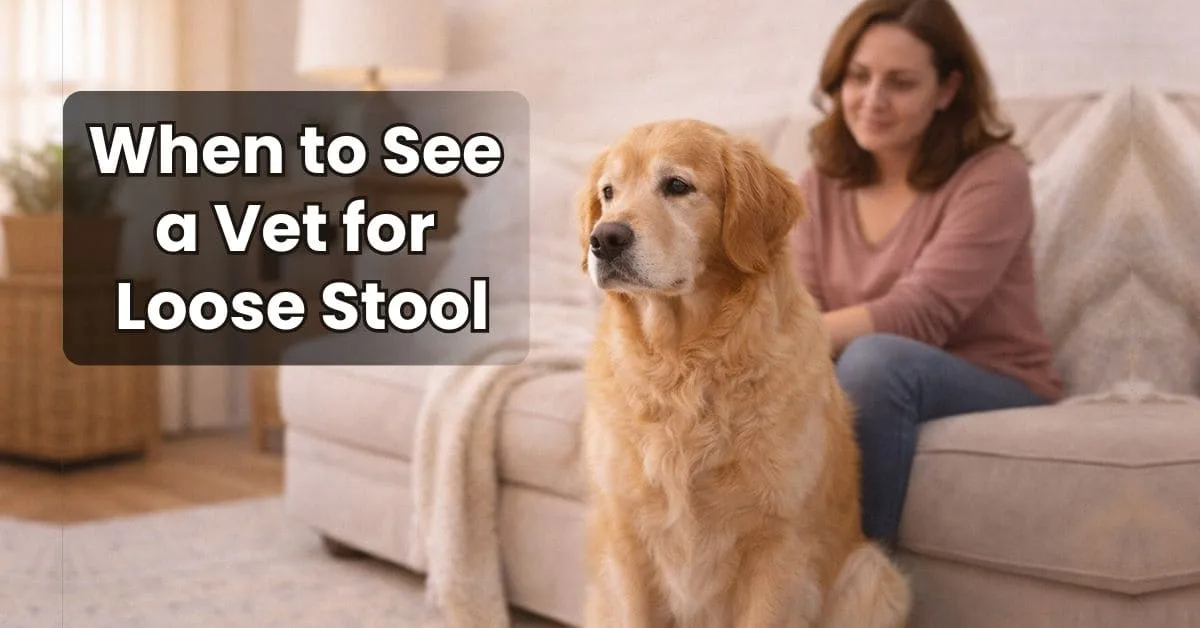 Calm dog sitting at home with caring owner observing gently, when to see a vet for loose stool