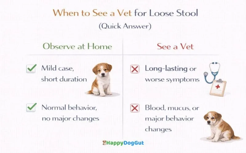 Checklist infographic explaining when to see a vet for loose stool in dogs