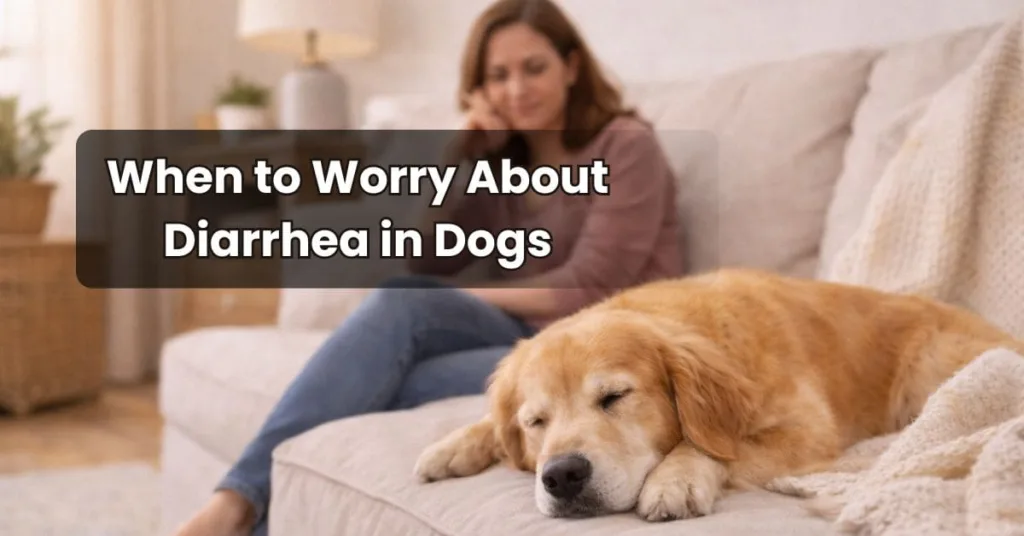 Calm golden retriever resting at home with owner nearby, showing when to worry about diarrhea in dogs