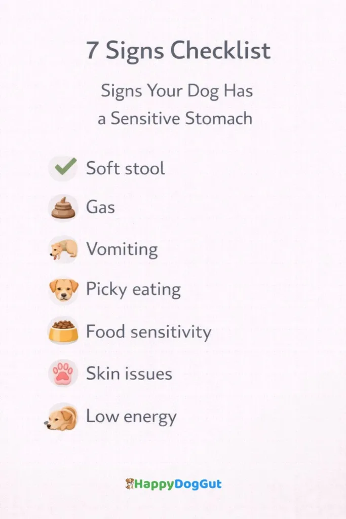 Checklist infographic showing signs your dog has a sensitive stomach including soft stool gas vomiting picky eating and low energy.
