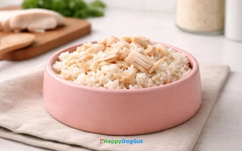 Boiled chicken and rice dog food bowl used during Dog Gut Reset Protocol bland diet phase.