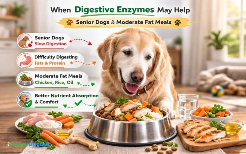 Senior dog eating moderate fat dog food meal in a bright home environment.