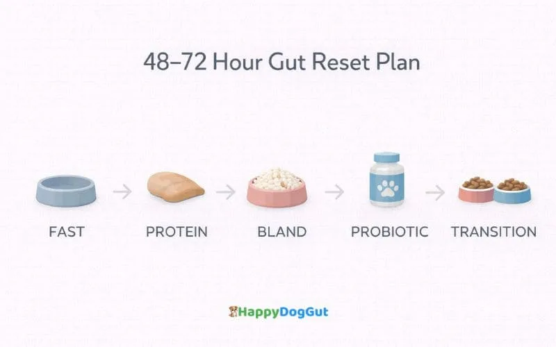Step by step infographic explaining Dog Gut Reset Protocol including fasting protein bland diet probiotics and transition.