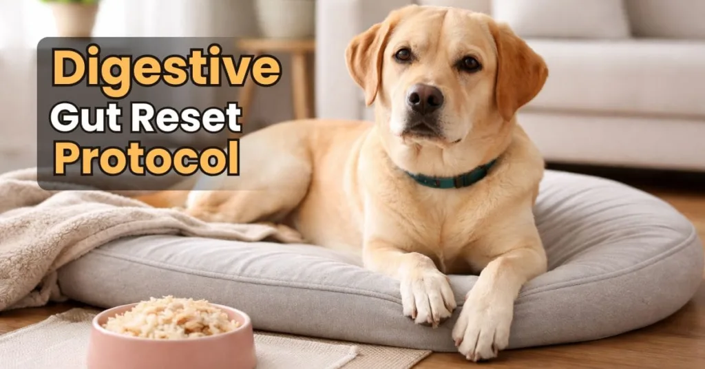 Calm dog resting near rice and chicken bowl during Dog Gut Reset Protocol recovery phase.