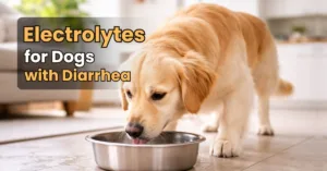 Dog drinking water from bowl in a bright home setting while recovering from dehydration.