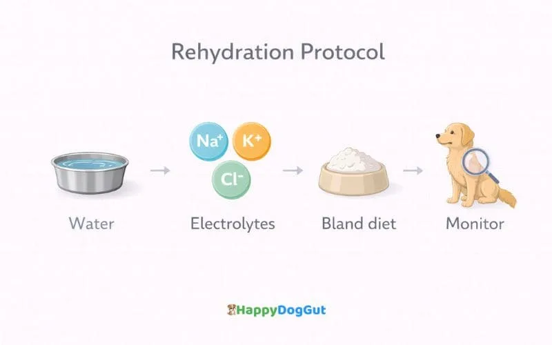 Step by step infographic showing dog diarrhea rehydration protocol including water electrolytes bland diet and monitoring.