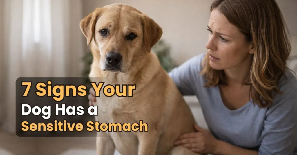 Owner observing dog showing discomfort which may indicate signs your dog has a sensitive stomach.