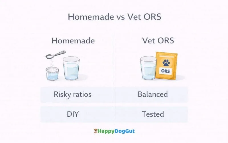 Comparison infographic homemade electrolyte solution vs vet oral rehydration solution for dogs.