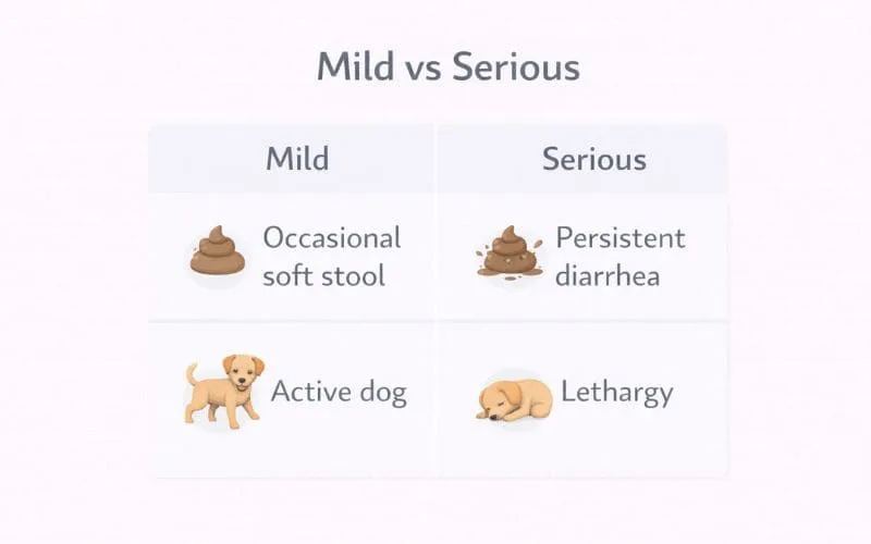 Infographic comparing mild and serious dog digestive symptoms such as occasional soft stool versus persistent diarrhea and lethargy.