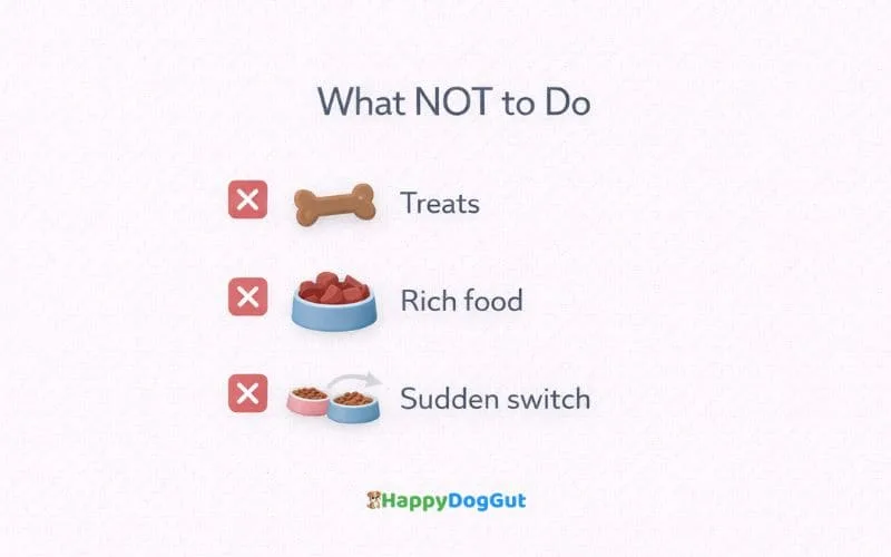 Checklist infographic showing what not to do during dog gut reset including treats rich food and sudden diet changes.