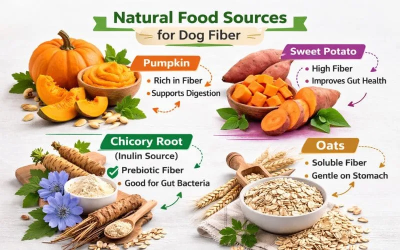 Flat lay of dog safe fiber foods including pumpkin, sweet potato, oats and chicory root.