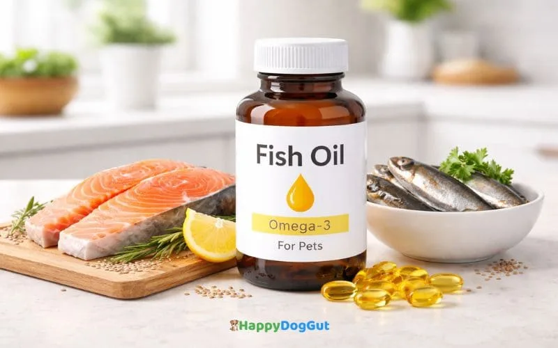 Fish oil bottle with salmon and sardines showing natural omega-3 sources for dogs.