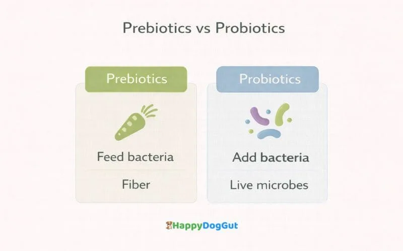 Infographic comparing prebiotics and probiotics for dogs showing how fiber feeds bacteria while probiotics add beneficial microbes.