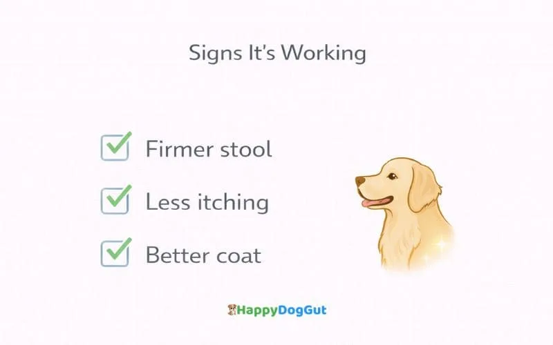 Checklist infographic showing signs omega-3 is helping dogs including firmer stool less itching and improved coat.