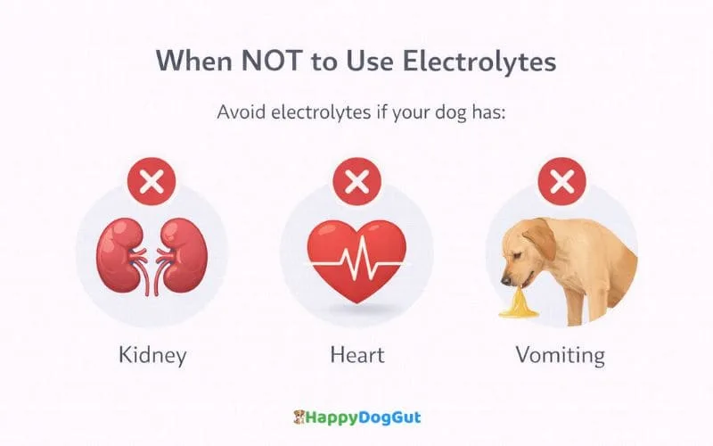 Warning infographic showing when not to give electrolytes to dogs including kidney disease heart issues and vomiting.