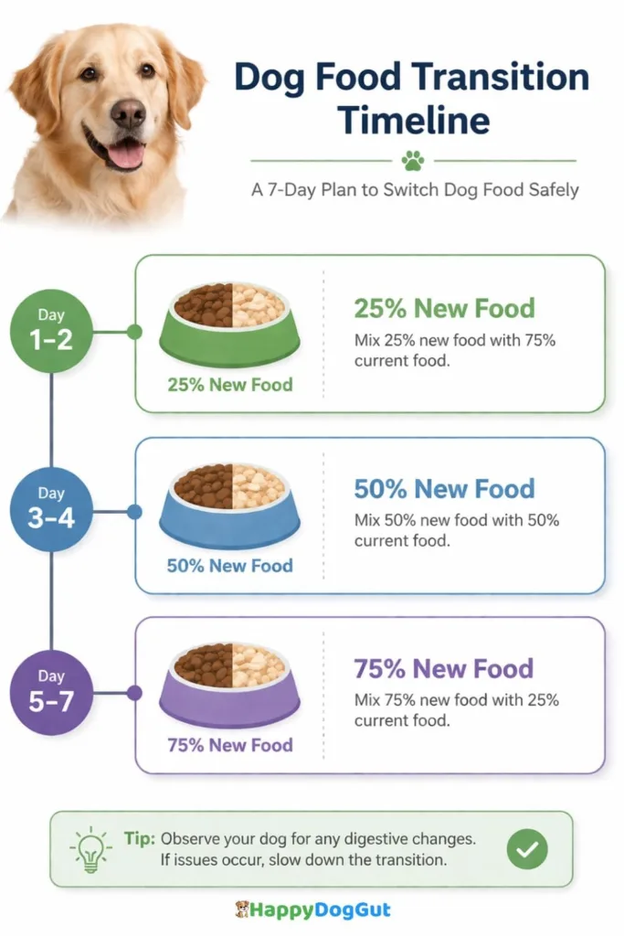 Dog food transition timeline infographic showing 7 day gradual plan with 25 50 and 75 percent new food.