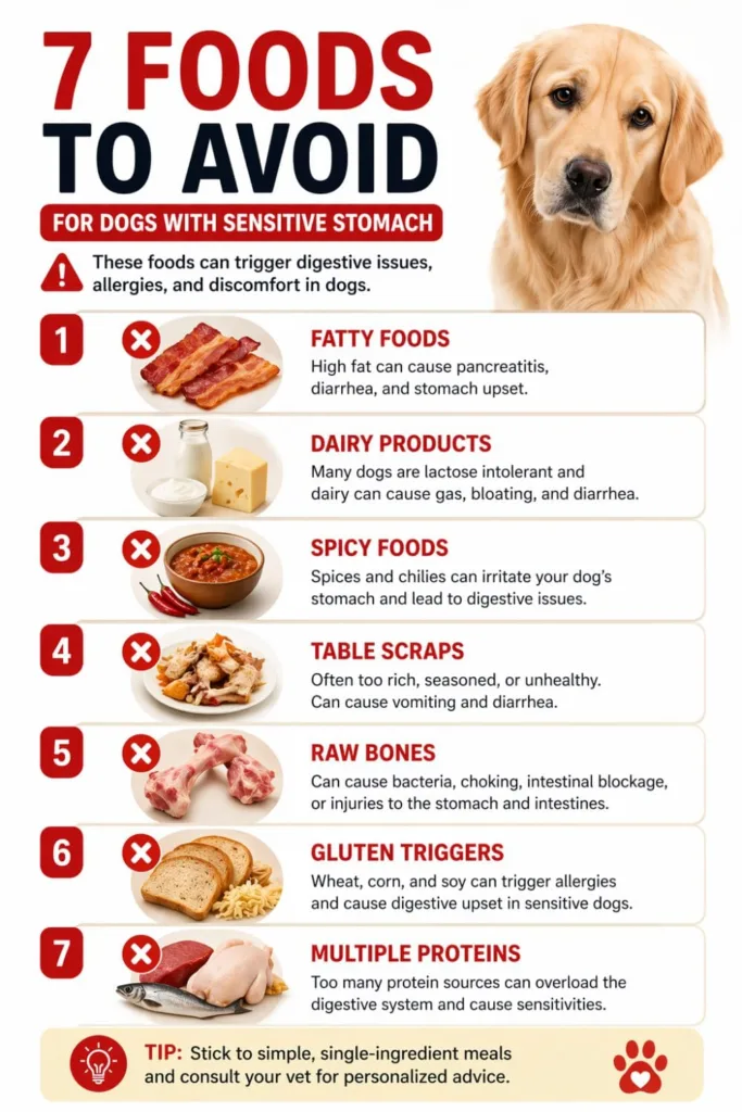 Checklist infographic showing what not to feed dogs with sensitive stomach including fatty food dairy spicy food and table scraps.